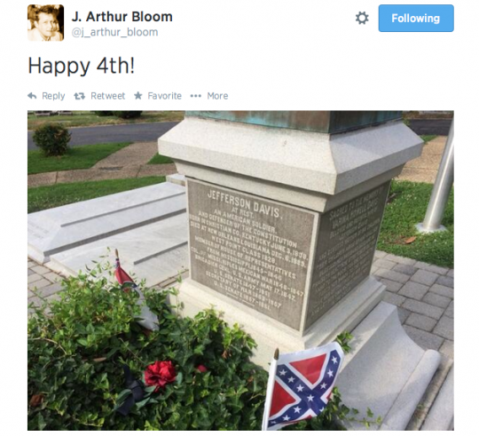 And he questions OUR patriotism. (Screenshot of J. Arthur Bloom's Twitter feed)
