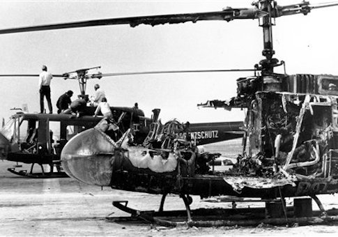 Two West German border police helicopters that carried armed terrorists and their nine Israeli Olympian hostages, stand at Fuerstenfeldbruck air force base about 20 miles west of Munich, Germany