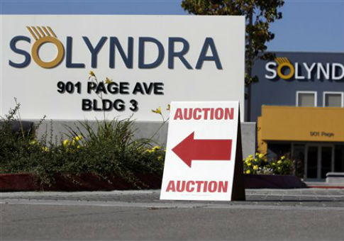 An auction sign outside the headquarters of Solyndra, which declared bankruptcy in 2011. / AP