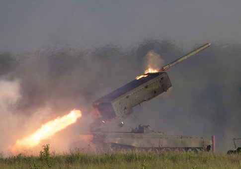 Russian TOS-1A Solntsepyok (Sunheat) heavy flame throwing launcher fires during the Army-2015 show at a shooting range in Alabino, outside of Moscow, Russia, on Tuesday, June 16