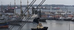 Ukraine's navy ships are docked along with cargo vessels in Odessa, Ukraine