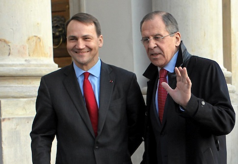 Poland's Foreign Minister Radoslaw Sikorski and his Russian counterpart Sergei Lavrov meet at the Palace on Water in Warsaw