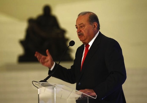 Mexican billionaire Carlos Slim speaks during the presentation of a digital platform, which was created in partnership with the Carlos Slim Foundation