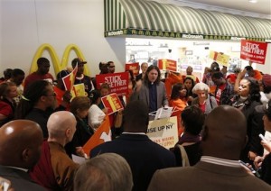 Rally for a higher minimum wage outside a McDonald's restaurant at the Empire State Plaza concourse in Albany, N.Y., in May
