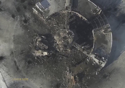 An aerial footage shot by a drone shows a multi-storey control tower of the Sergey Prokofiev International Airport damaged by shelling during fighting between pro-Russian separatists and Ukrainian government forces, in Donetsk, eastern Ukraine, seen in this still image taken from a January 15, 2015 handout video by Army