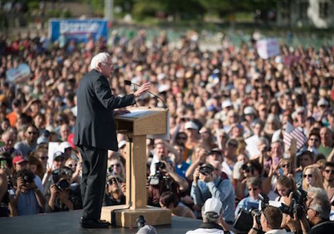Sen. Bernie Sanders, I-Vt., speaks on Tuesday, May 26, 2015 in Burlington, Vt., where he formally announced he will seek the Democratic nomination for president