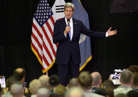 US Secretary of State John Kerry (C) greets members of the US military, US Embassy personnel, and their families at Collier Field House at the Yongsan Garrison in Seoul