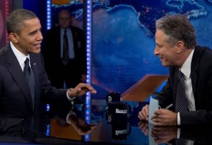 Barack Obama and Jon Stewart in 2012