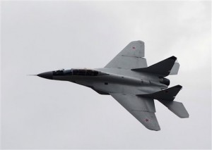Russian MIG-29 plane performs a flight during a celebration marking the Russian air force's 100th anniversary in Zhukovsky, outside Moscow, Russia