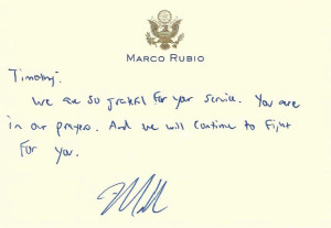 Note from Sen. Marco Rubio / Timothy Riney Foundation
