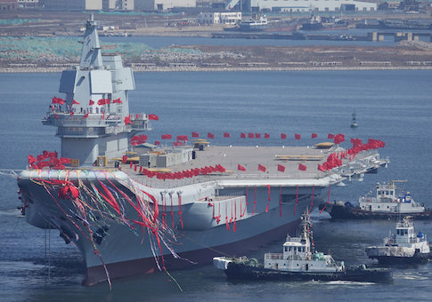 China's first domestically built aircraft carrier is seen during its launching ceremony in Dalian