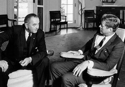 President John F. Kennedy, (R) meets with Vice President Lyndon B. Johnson on Sept. 17, 1963 in Washington, DC. National Archives / Getty