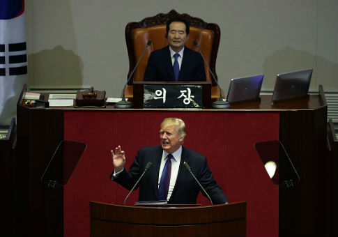 Donald Trump speaks at the National Assembly in Seoul, South Korea