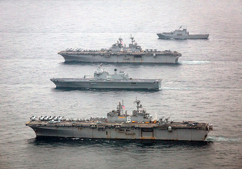 The U.S. Navy amphibious assault ships USS Bonhomme Richard and USS Boxer