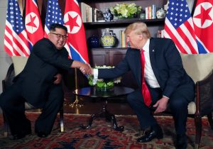 U.S. President Donald Trump shakes hands with North Korea's leader Kim Jong Un