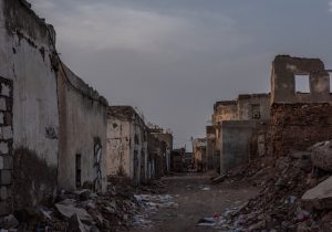 Buildings lay in ruins in Mocha, Yemen