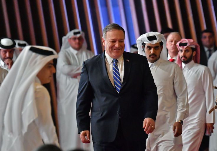 Secretary of State Mike Pompeo arrives to the signing of a U.S.-Taliban agreement in the Qatari capital Doha