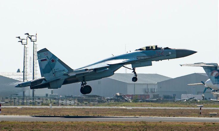 A Russian Sukhoi Su-35 fighter takes off during an air show
