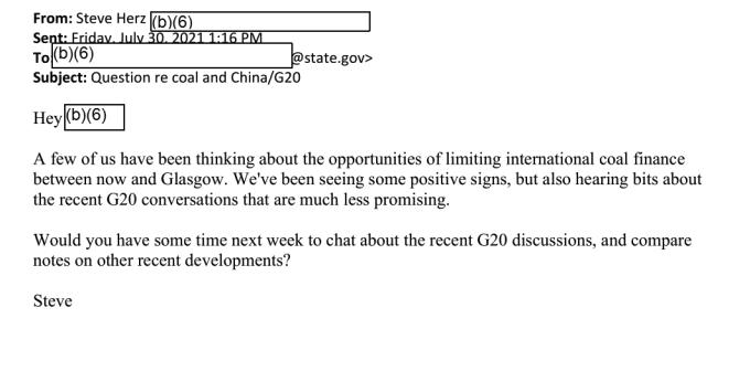 Herz emails unnamed SPEC officials, requesting a conversation about "limiting international coal finance."